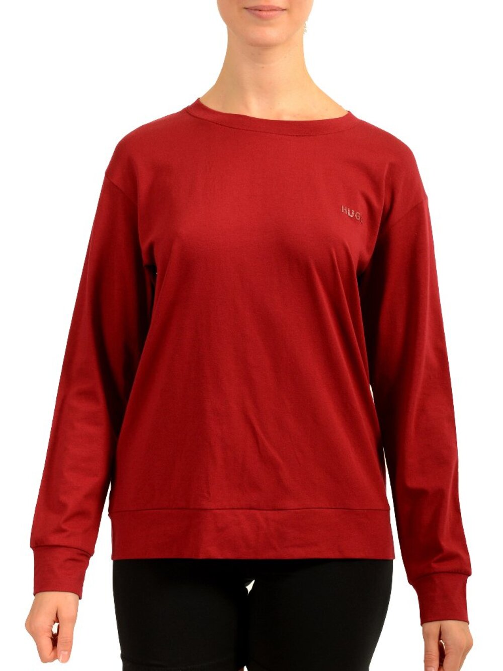 Hugo Boss Women's "Hugo ID" Burgundy Crewneck Long Sleeve T-Shirt US S IT 40